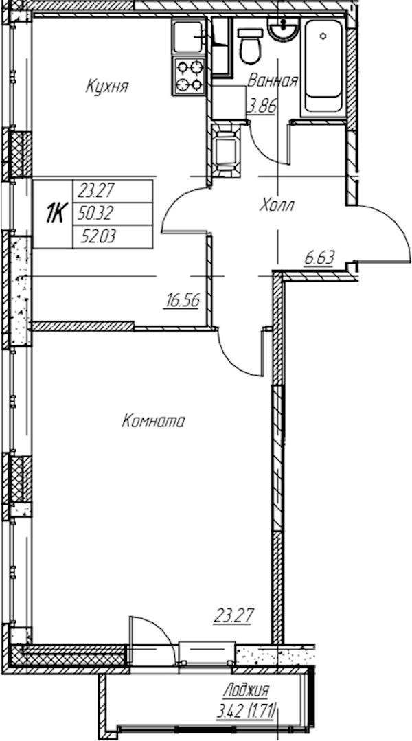 1-комнатная квартира 52.03 м², 22/22 эт., ЖК «Парк-квартал Юнтолово»